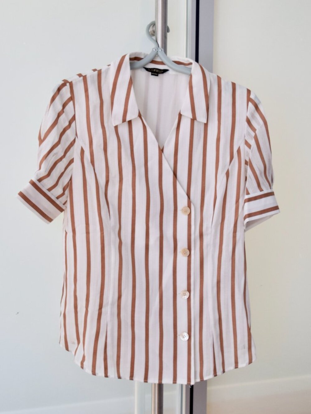 Brown White Striped Short Sleeve Blouse - Women Top - Scofield